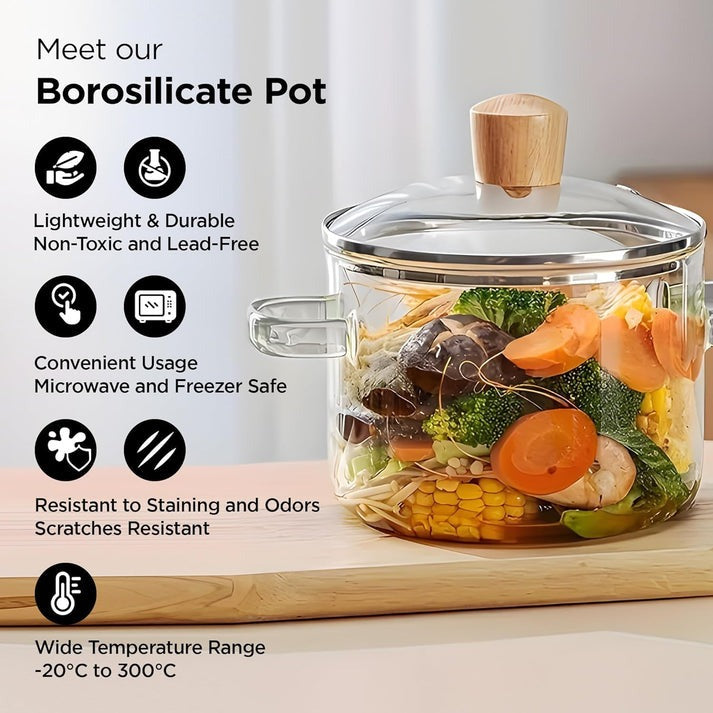 Oala cu Capac din Sticla Transparenta, Manere din Sticla, Termorezistenta, 3.2 Litri