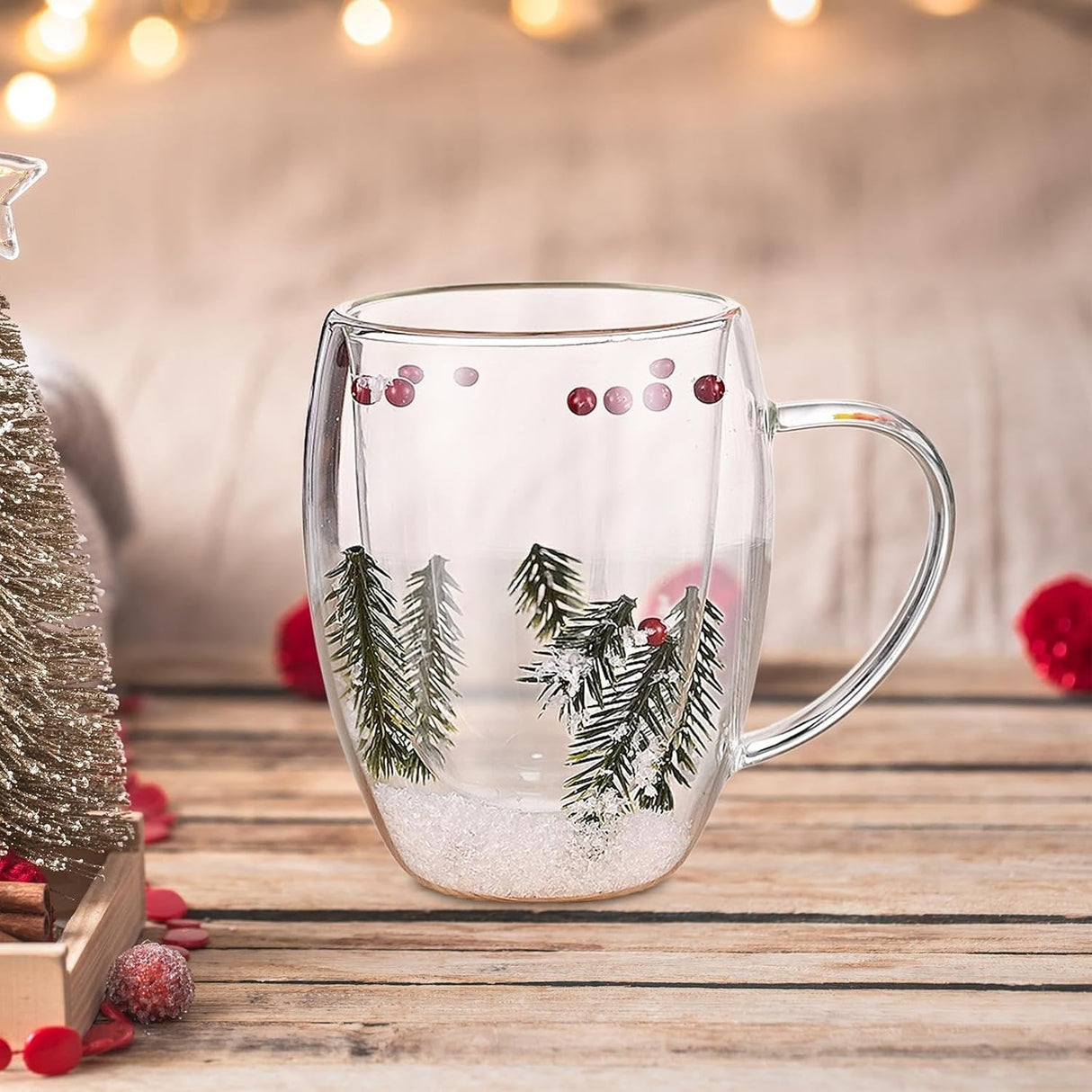 Cana cu pereti dubli , sticla termorezistenta , Model Festiv/Craciun , 350 ml