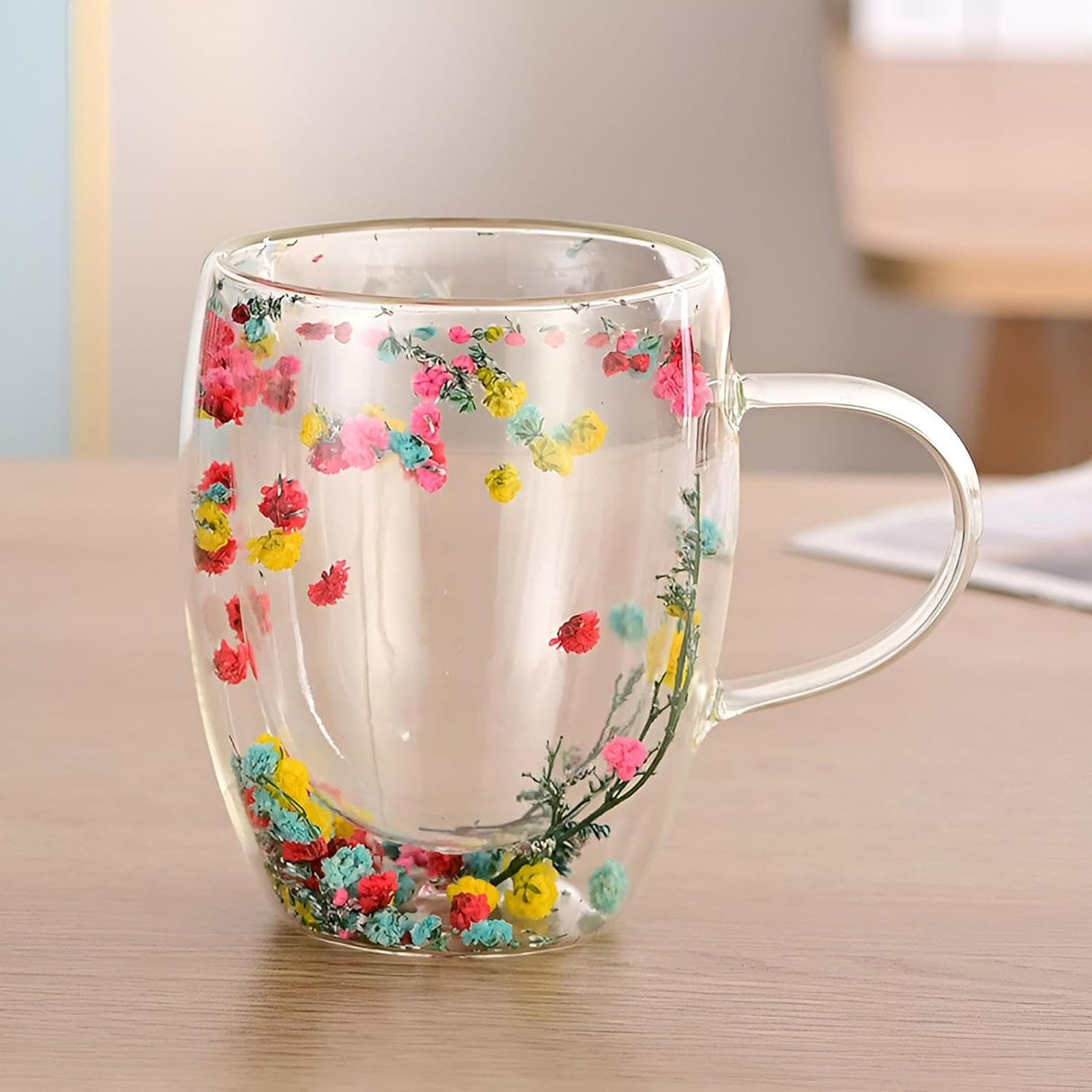 Set 6 Cani cu Pereti Dubli din sticla termorezistenta , Flori Multicolore 350 ml si 6 Lingurite Aurii