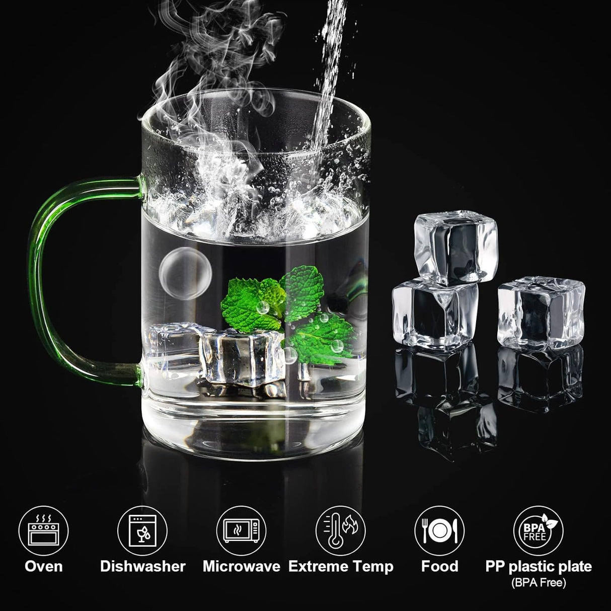 Set 6 cani din sticla brosilicata , maner color, 320 ml