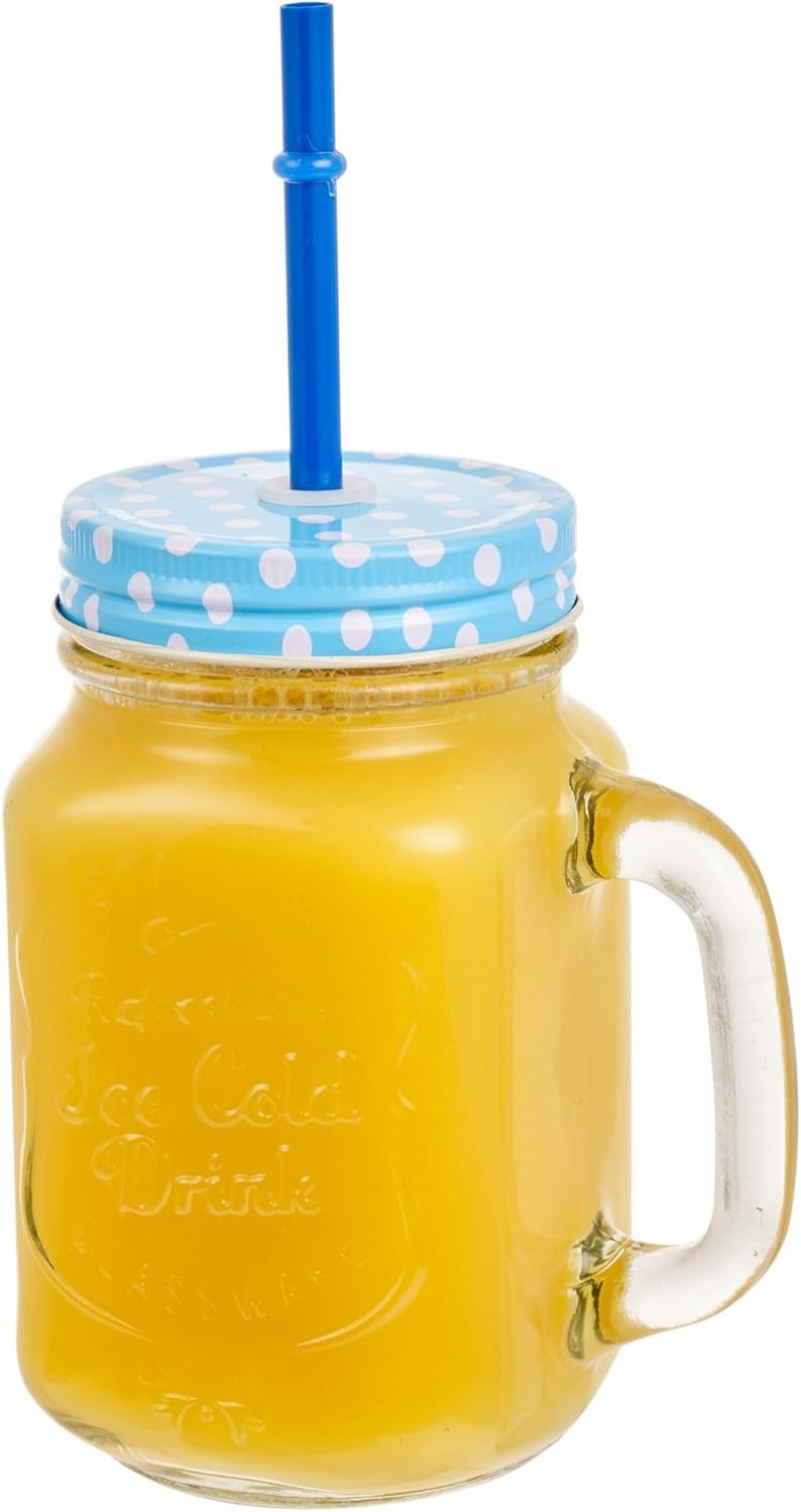 Pahar cu maner si pai pentru limonada tip borcan,sticla,450 ml