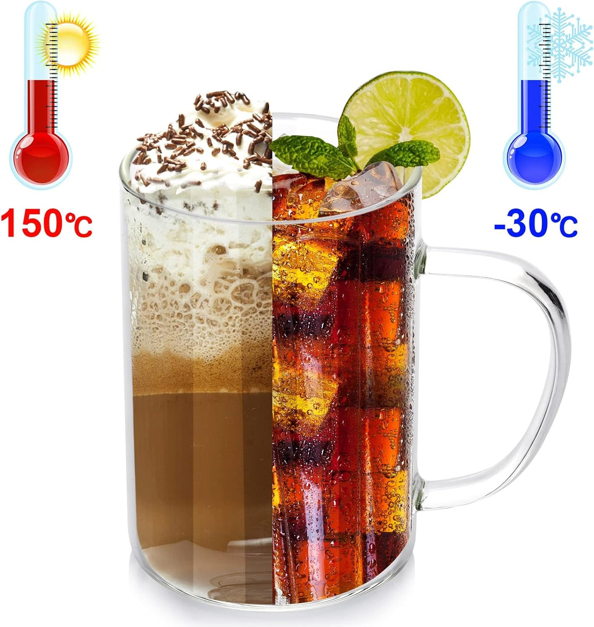 Set 6 cani din sticla brosilicata , maner color, 320 ml