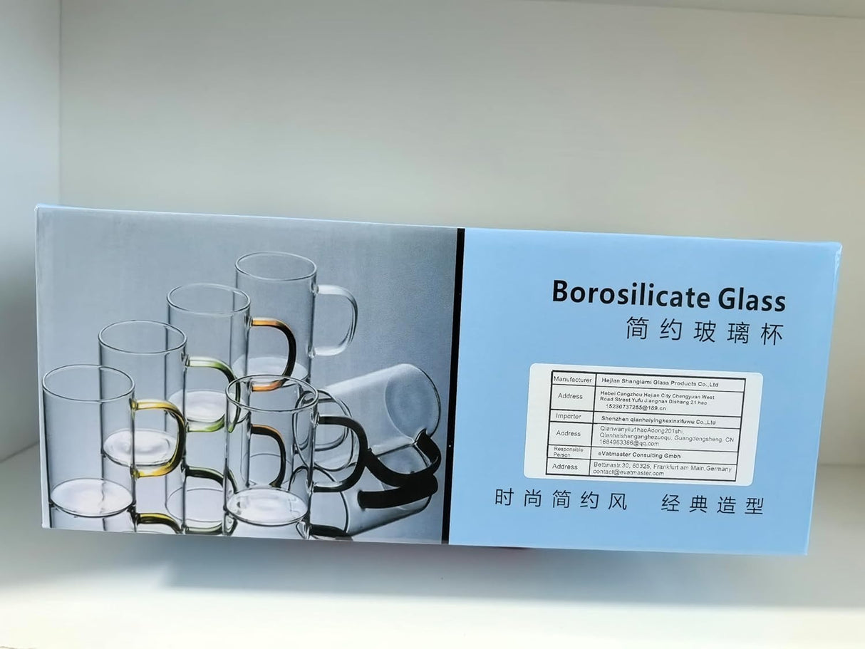 Set 6 cani din sticla brosilicata , maner color, 320 ml