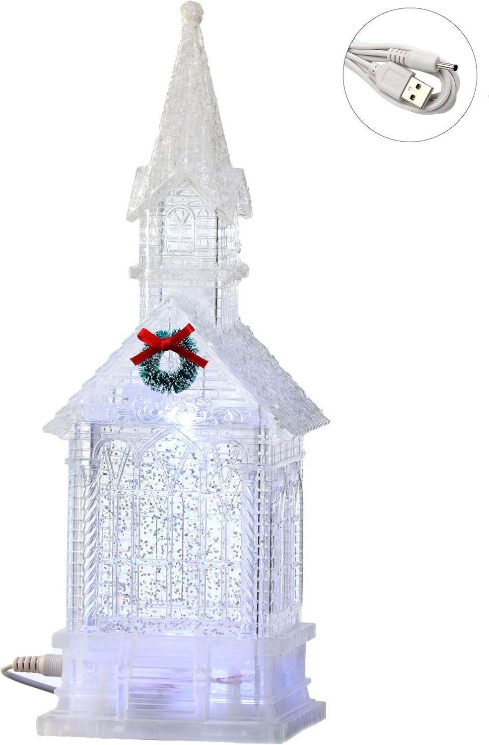 Decoratiune Biserica transparenta , led, sclipici miscator , 28 cm