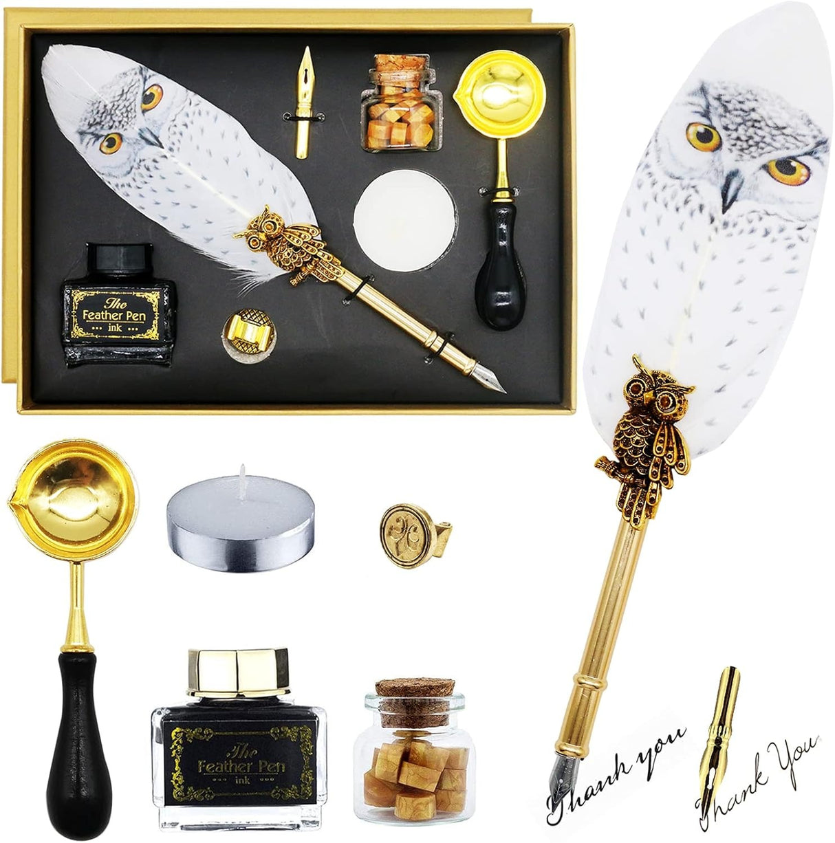Set pana de caligrafie cu ceara si calimara, tip bufnita cadou