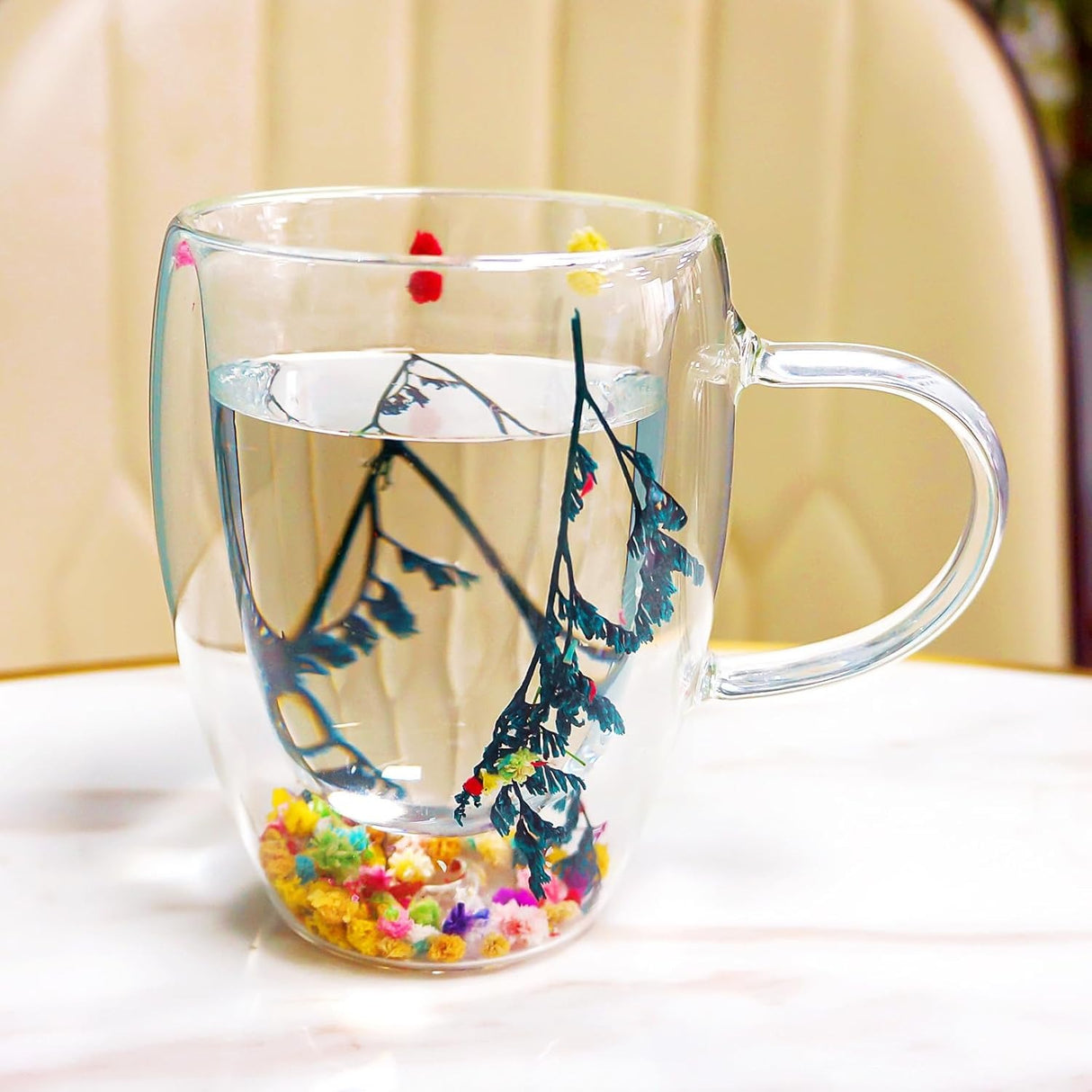 Cana cu Pereti Dubli din sticla termorezistenta , Flori Multicolore , 350 ml