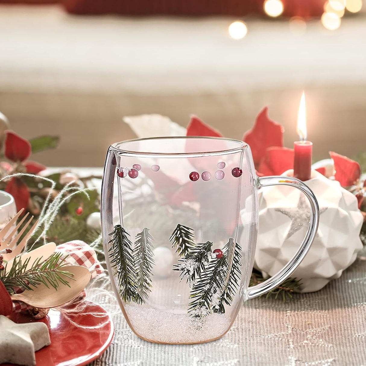 Cana cu pereti dubli , sticla termorezistenta , Model Festiv/Craciun , 350 ml