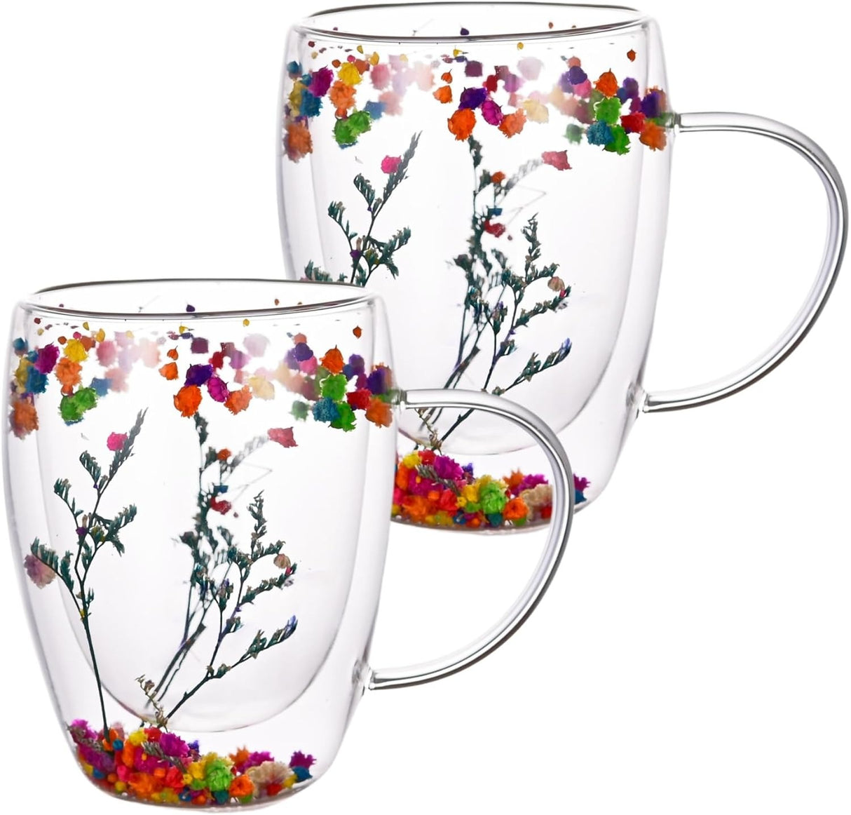 Set 6 Cani cu Pereti Dubli din sticla termorezistenta , Flori Multicolore 350 ml si 6 Lingurite Aurii