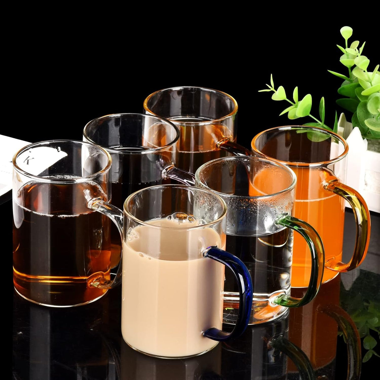 Set 6 cani din sticla brosilicata , maner color, 320 ml