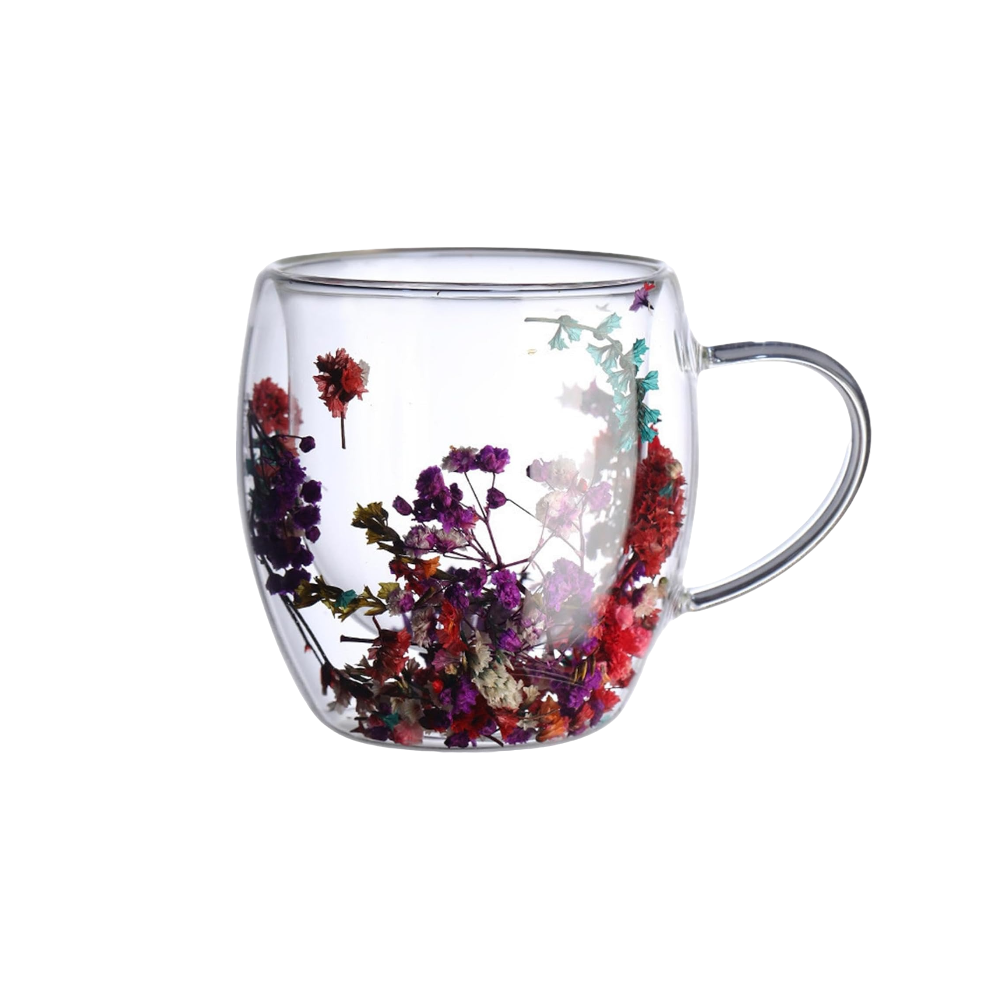 Cana cu Pereti Dubli din sticla termorezistenta , Flori Multicolore , 350 ml