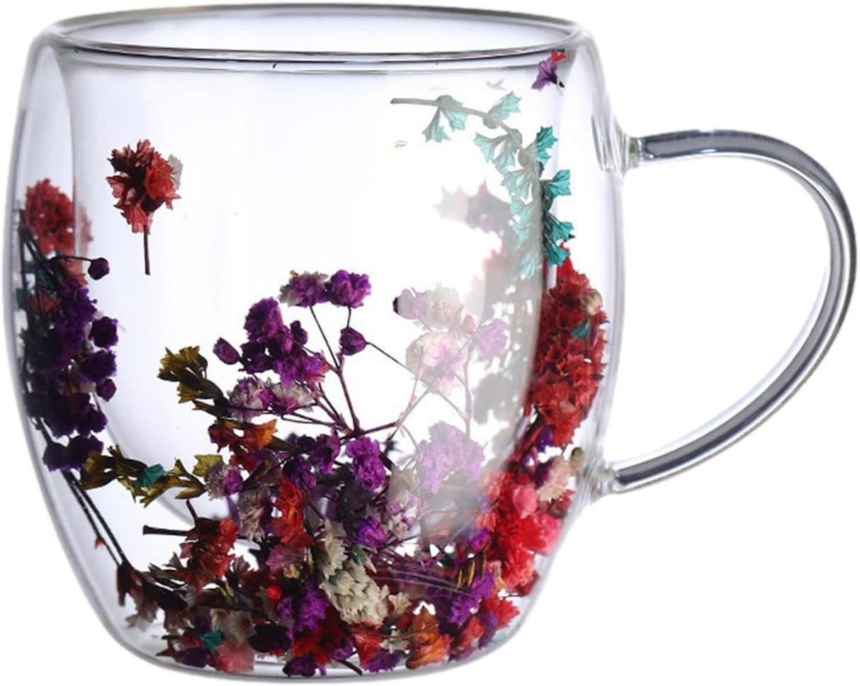 Cana cu Pereti Dubli din sticla termorezistenta , Flori Multicolore , 350 ml