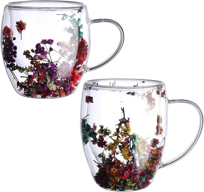 Cana cu Pereti Dubli din sticla termorezistenta , Flori Multicolore , 350 ml