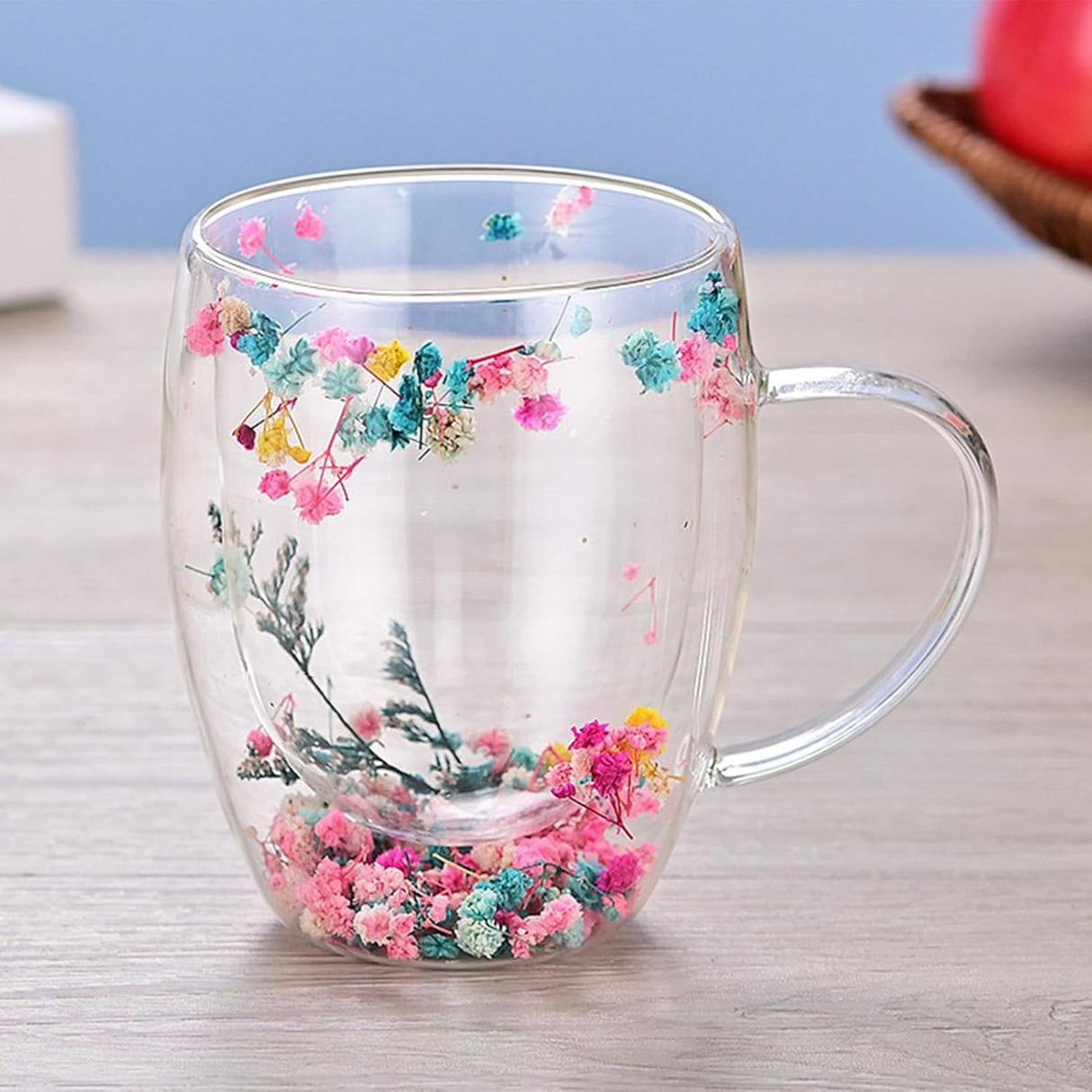 Cana cu Pereti Dubli din sticla termorezistenta , Flori Multicolore , 350 ml