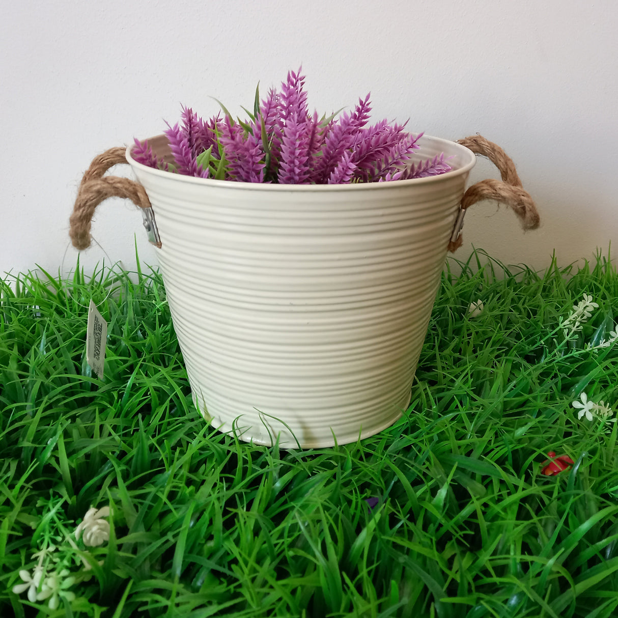 Ghiveci decor din Metal cu manere din Sfoara, Crem, 20x16 cm