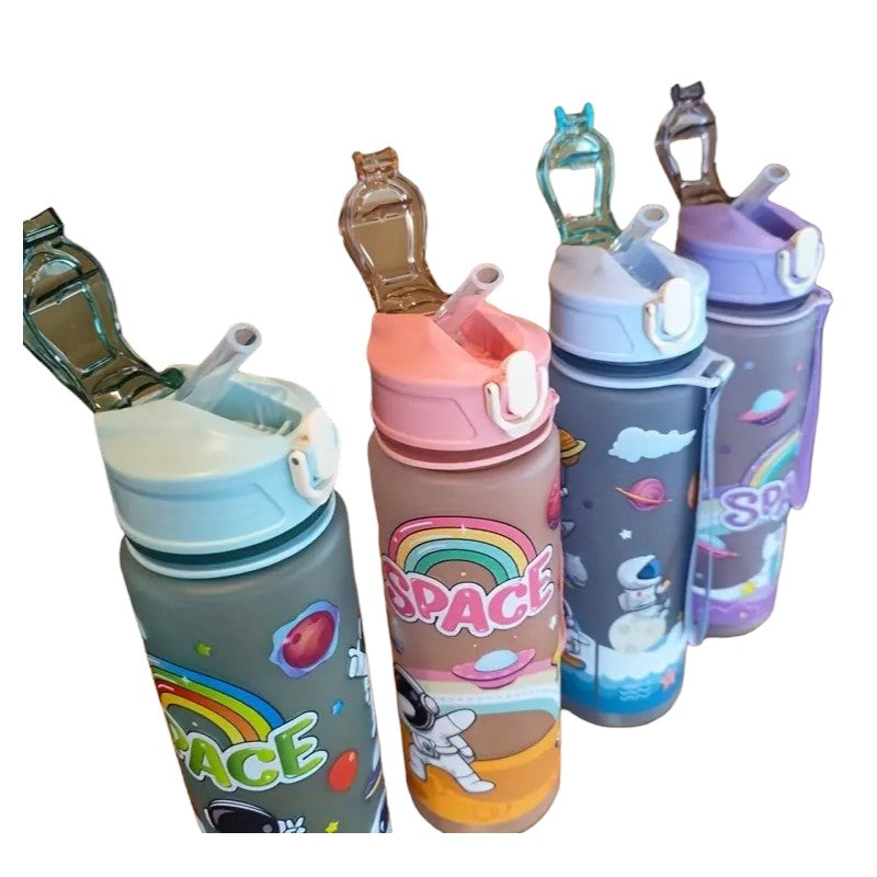Sticla de apa cu pai pentru copii, Model spatiu, 700 ml