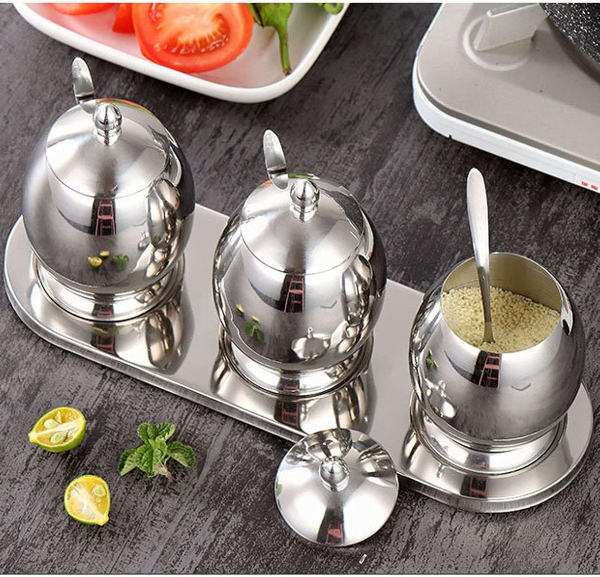 Set 3 recipiente condimente pe suport cu lingurite, Inox