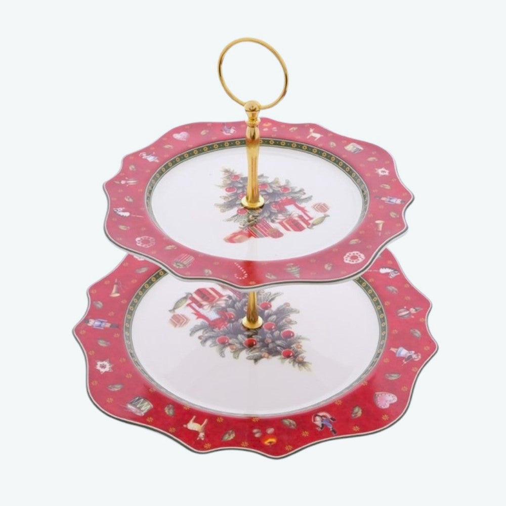 Platou Prajituri, Portelan, 2 niveluri, model Craciun in Cutie