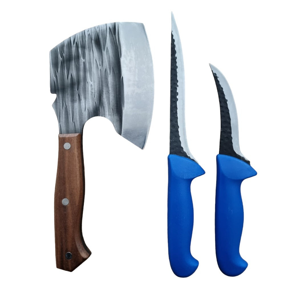 Set 2 cutite macelarie si Satar Japonez, Calitate Germana, Lama Groasa, Maner din Plastic Dur Turnat