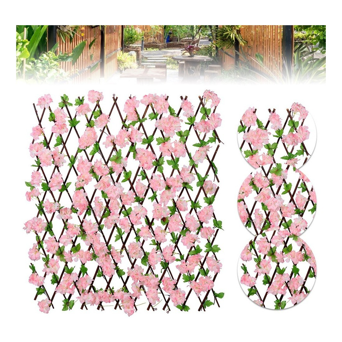 Gard extensibil din Lemn cu Frunze si Flori, Roz, 240x60 cm