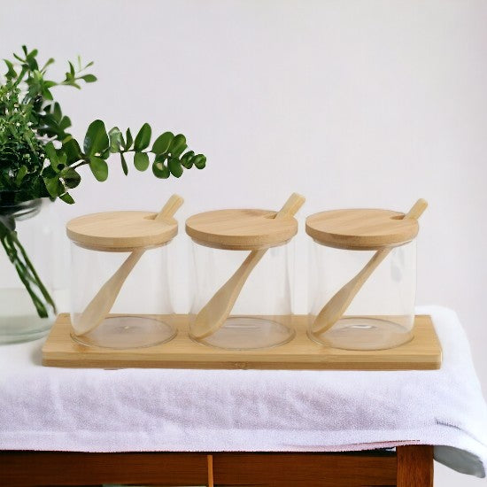 Set 3 recipiente pentru Condimente din Sticla cu suport de Bambus, cu Lingurite