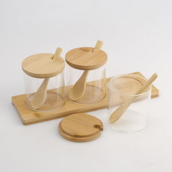 Set 3 recipiente pentru Condimente din Sticla cu suport de Bambus, cu Lingurite