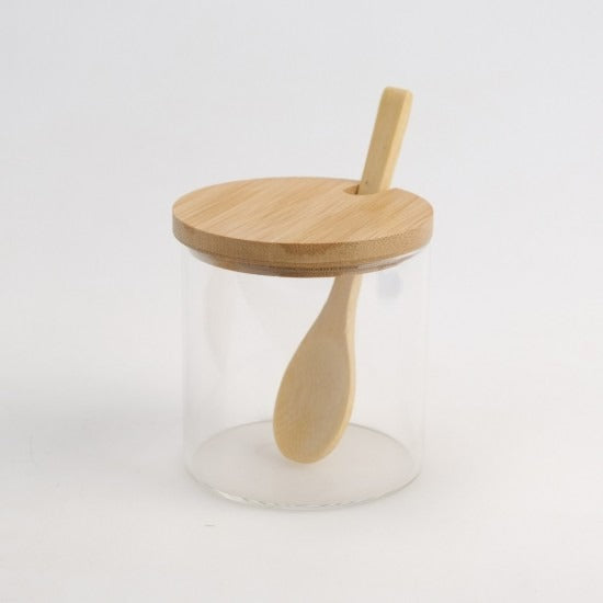 Set 3 recipiente pentru Condimente din Sticla cu suport de Bambus, cu Lingurite