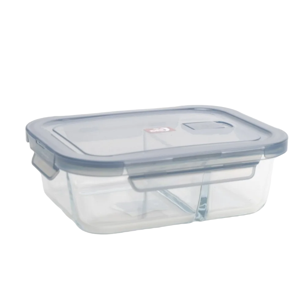 Caserola cu 2 Compartimente din Sticla, dreptunghiulara cu capac din Plastic, 630 ml, 17,5x13x6 cm
