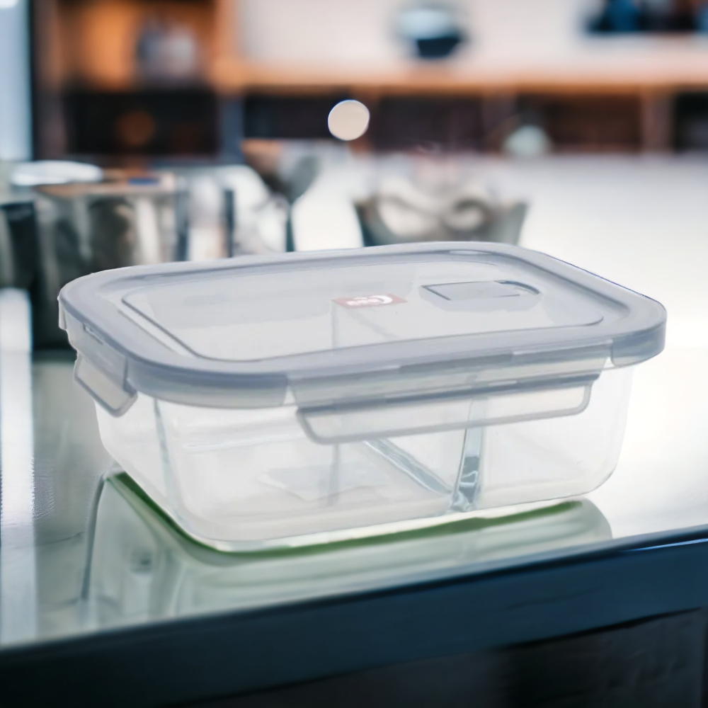 Caserola cu 2 Compartimente din Sticla, dreptunghiulara cu capac din Plastic, 630 ml, 17,5x13x6 cm
