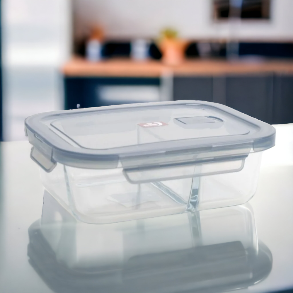 Caserola cu 2 Compartimente din Sticla, dreptunghiulara cu capac din Plastic, 630 ml, 17,5x13x6 cm