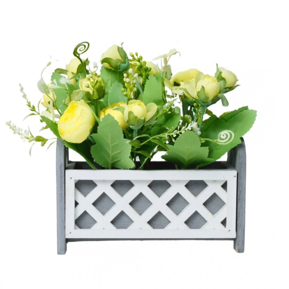 Aranjament artificial cu Trandafiri, in ghiveci din Lemn, Alb, 17x7x9 cm