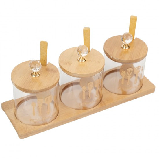 Set 3 recipiente pentru Condimente din Sticla cu suport de Bambus, cu Lingurite