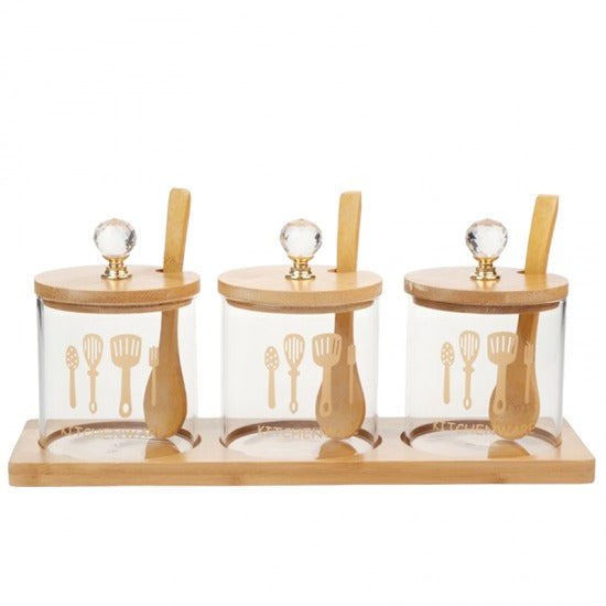 Set 3 recipiente pentru Condimente din Sticla cu suport de Bambus, cu Lingurite
