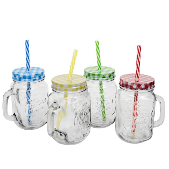 Pahar cu maner si pai pentru limonada tip borcan,sticla,450 ml