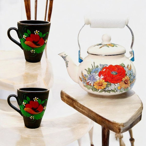 Set Ceainic Emailat 2.5 l + 2 Cani Angob Lut Rosu 250 ml