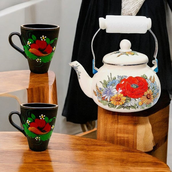 Set Ceainic Emailat 2.5 l + 2 Cani Angob Lut Rosu 250 ml