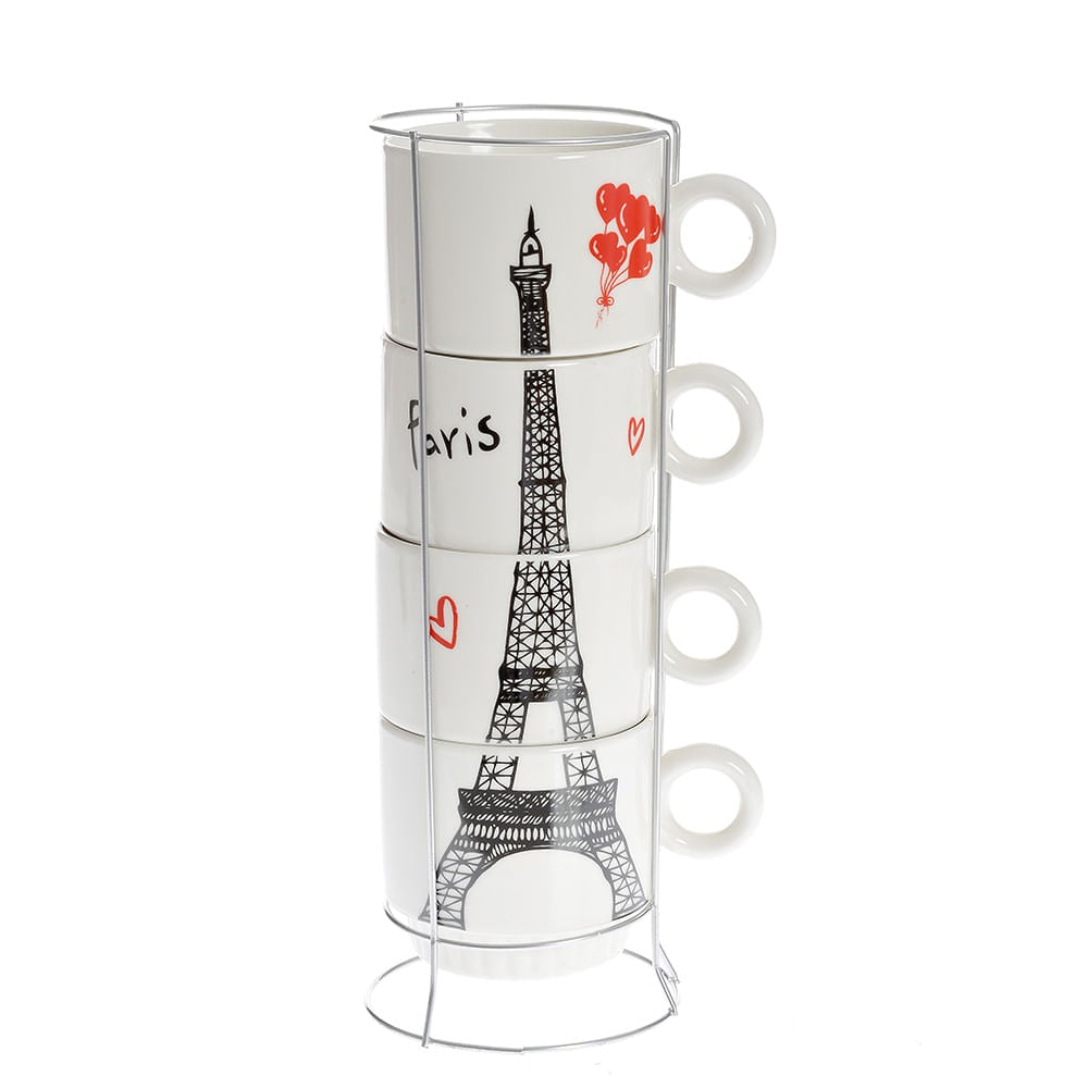 Set 4 cesti Cafea, Ceramica, cu suport din Inox