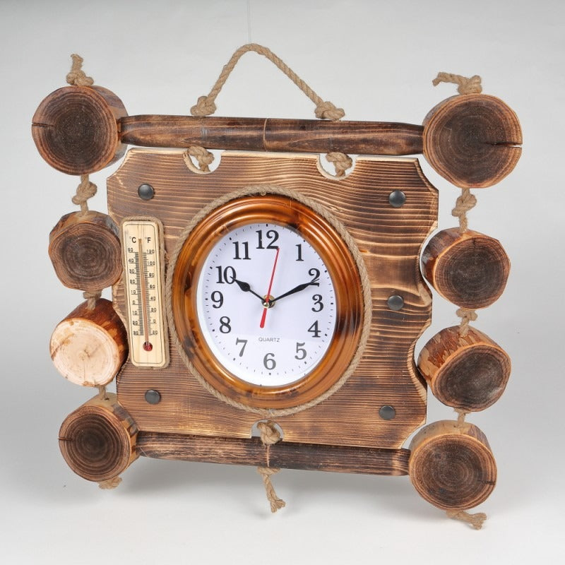 Ceas de perete Decorativ, Lemn si Plastic, Decorat cu bucati de Lemn, Maro, 44x43 cm