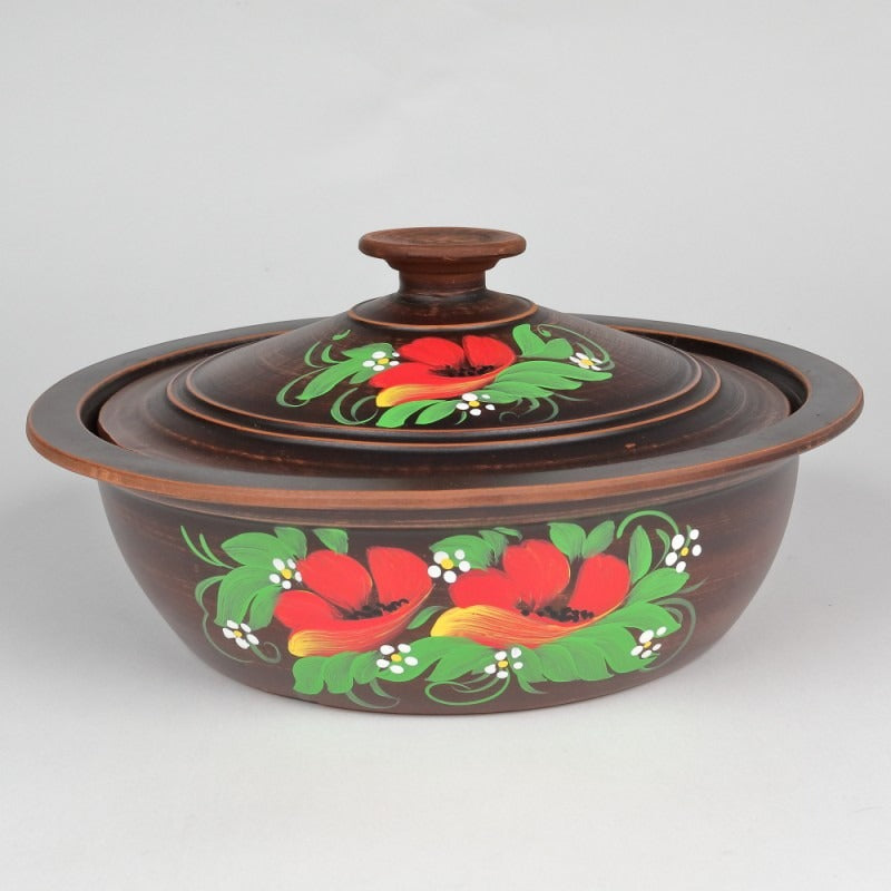 Oala sarmale, lut rosu, pictata manual cu Flori