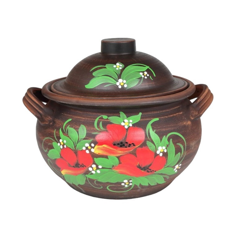 Oala sarmale, lut rosu, pictata manual cu Flori