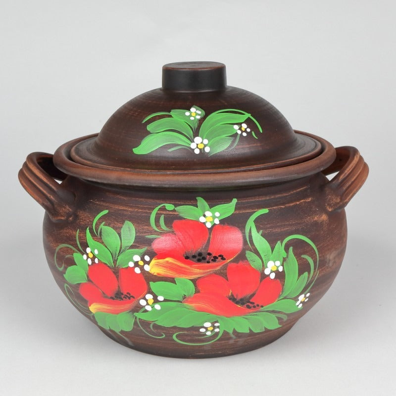 Oala sarmale, lut rosu, pictata manual cu Flori