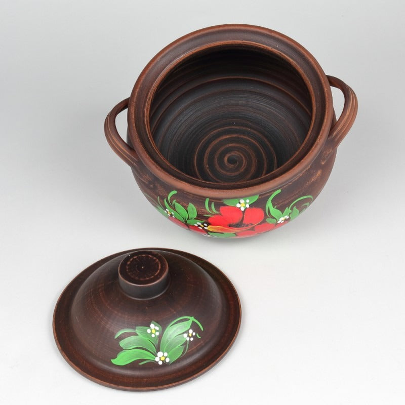 Oala sarmale, lut rosu, pictata manual cu Flori