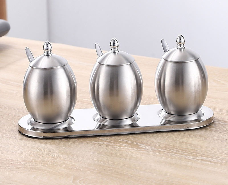 Set 3 recipiente condimente pe suport cu lingurite, Inox