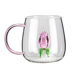 Cana din sticla borosilicata, Trandafir 3D , 350 ml