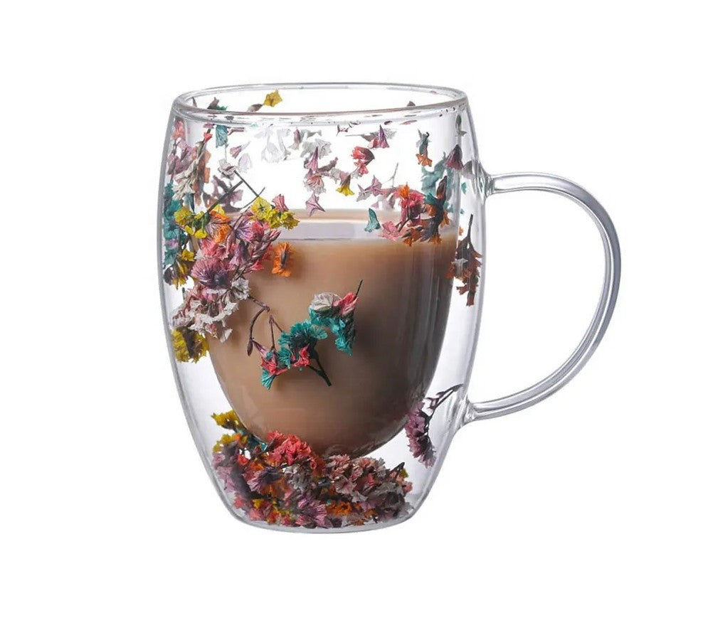 Cana cu Pereti Dubli din sticla termorezistenta , Flori Multicolore , 350 ml