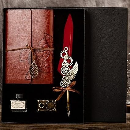 Set Stilou Caligrafie cu Pana si Ornamente Metalice, Agenda, Calimara si Suport de Birou