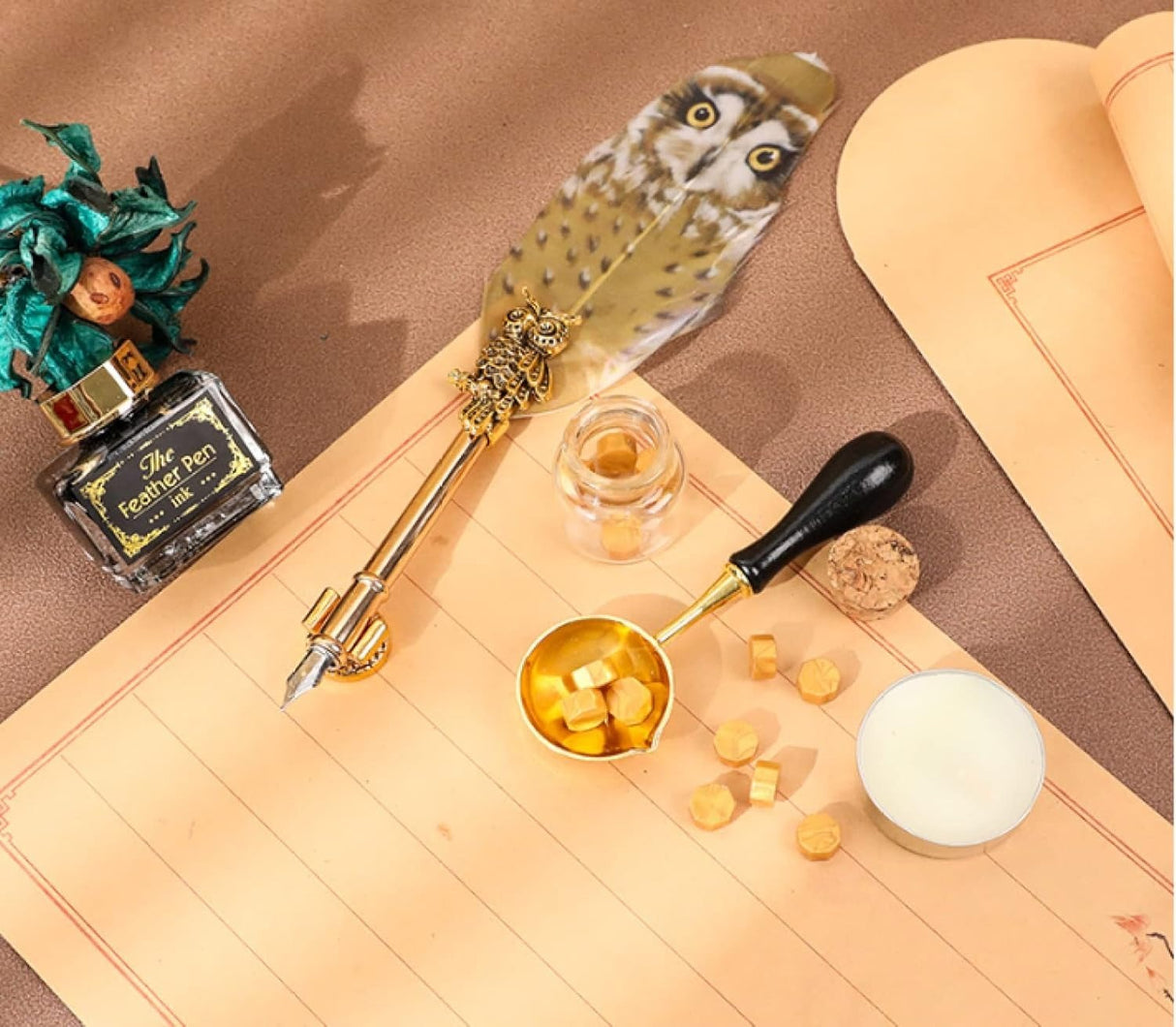 Set pana de caligrafie cu ceara si calimara, tip bufnita cadou