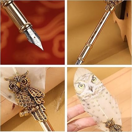 Set pana de caligrafie cu ceara si calimara, tip bufnita cadou