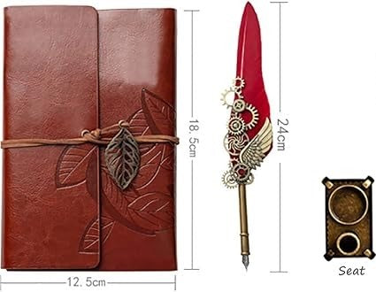 Set Stilou Caligrafie cu Pana si Ornamente Metalice, Agenda, Calimara si Suport de Birou