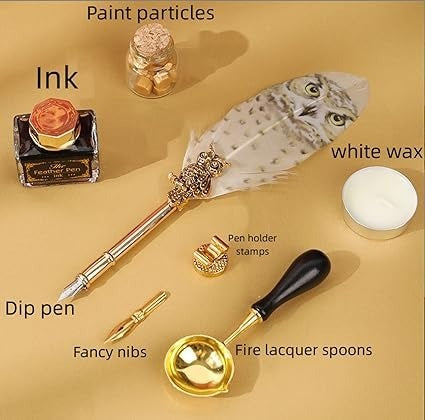 Set pana de caligrafie cu ceara si calimara, tip bufnita cadou