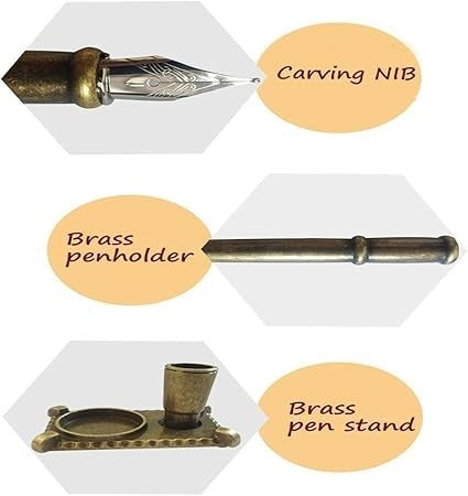 Set Stilou Caligrafie cu Pana si Ornamente Metalice, Agenda, Calimara si Suport de Birou